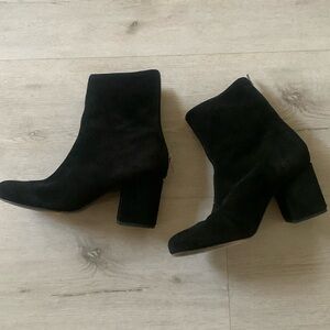 Free People Black Suede Ankle Boots leather back zipper chunky heels square toe